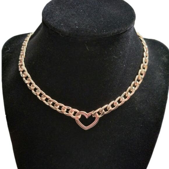 Stainless steel gold cuban chain choker necklace with heart - Picture 1 of 2